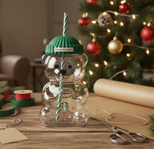 Load image into Gallery viewer, Bearista Glass Cup with Green Beanie Lid & Straw- 20oz Tumbler Holiday Aesthetic Drink