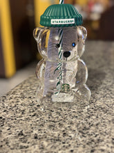 Load image into Gallery viewer, Bearista Glass Cup with Green Beanie Lid & Straw- 20oz Tumbler Holiday Aesthetic Drink