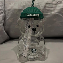 Load image into Gallery viewer, Bearista Glass Cup with Green Beanie Lid & Straw- 20oz Tumbler Holiday Aesthetic Drink