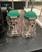 Load image into Gallery viewer, Bearista Glass Cup with Green Beanie Lid &amp; Straw- 20oz Tumbler Holiday Aesthetic Drink
