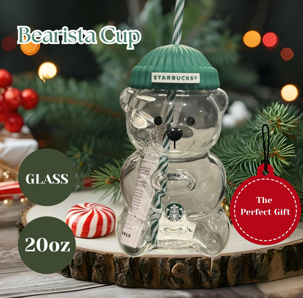 Bearista Glass Cup with Green Beanie Lid & Straw- 20oz Tumbler Holiday Aesthetic Drink