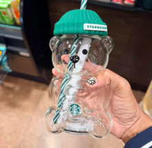 Load image into Gallery viewer, Bearista Glass Cup with Green Beanie Lid &amp; Straw- 20oz Tumbler Holiday Aesthetic Drink
