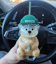 Load image into Gallery viewer, Bearista Glass Cup with Green Beanie Lid &amp; Straw- 20oz Tumbler Holiday Aesthetic Drink
